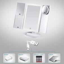 Vanity Makeup Mirror, GloEra 1x/2x/3x Magnification Trifold Lighted Makeup Mirror with Dimmable Touch Sensor 36 LED Lights and Detachable 10x Mini Spot Mirror Battery and USB Power Supply 180° Swivel 